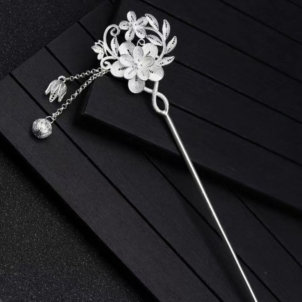 S925 Silver Camellia Hairpin with Tassel Vintage Chinese Hanfu Accessory